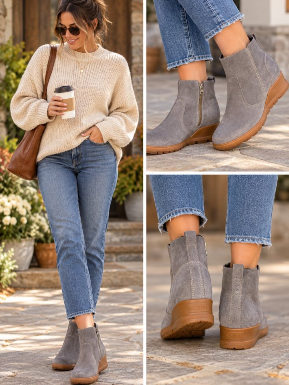 Sorel Evie Gray Suede Wedge Ankle Boots Size 8 Side Zip Booties